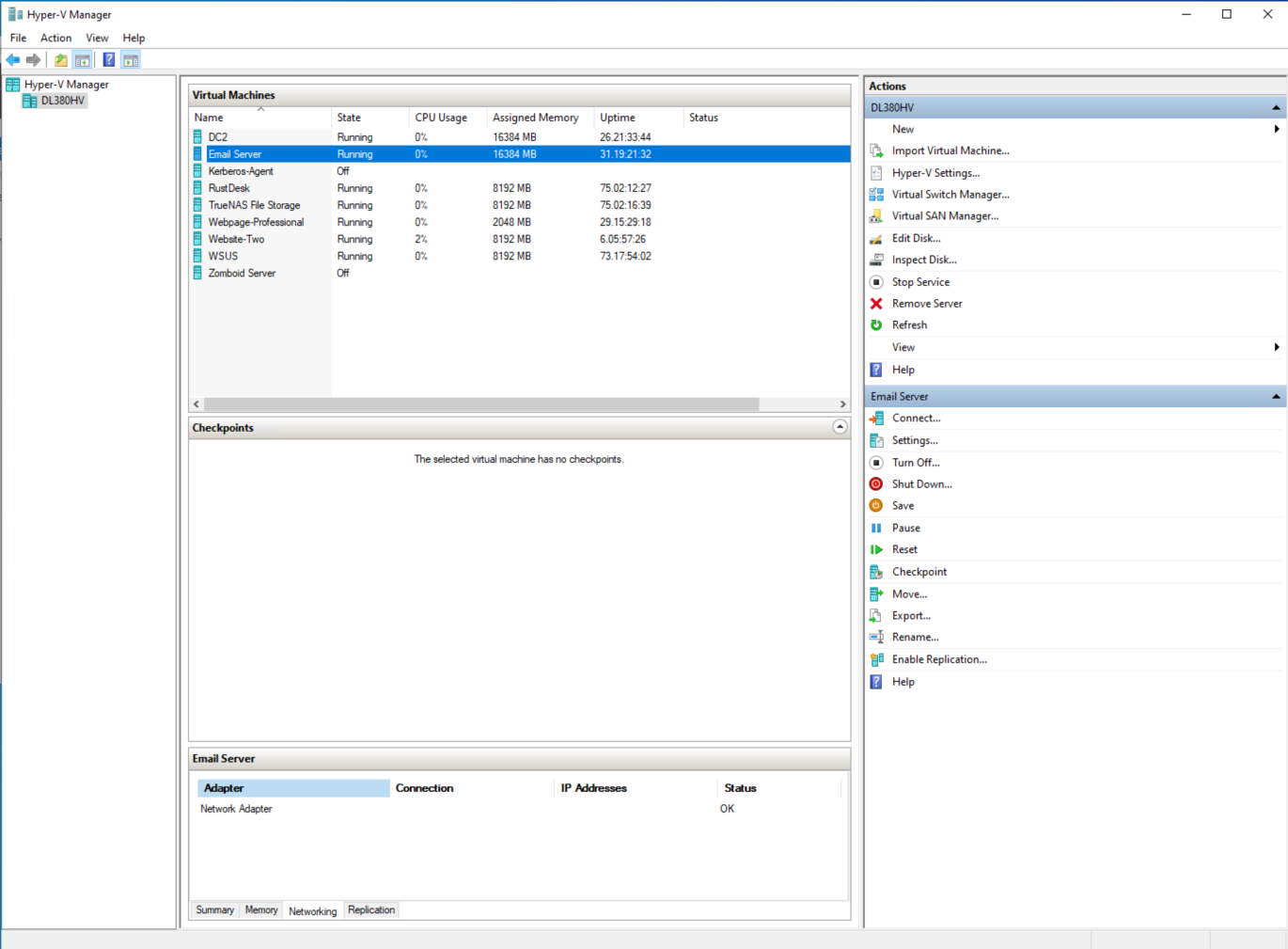 This is my hypervisor running. You can see it runs quite a few VMs including a redundant DC.