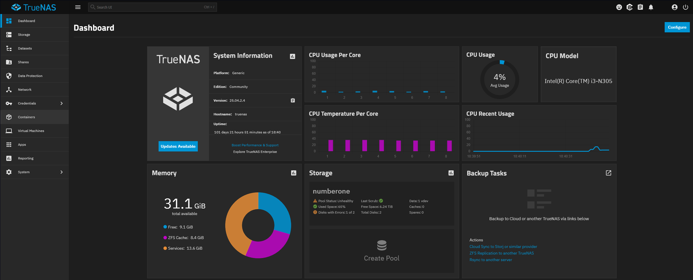 The front page of my multi-purpose NAS running TrueNAS