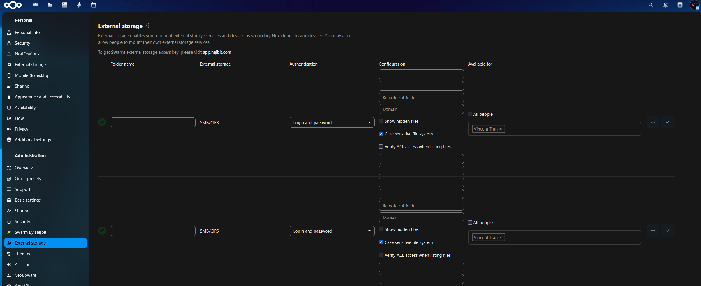 External storage addon that allows Nextcloud to manage my SMB shares on my NAS.