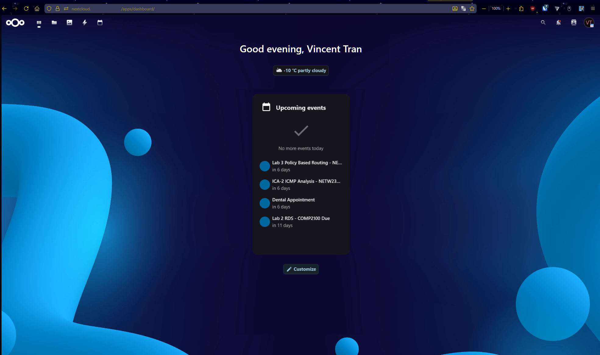 The front page of Nextcloud. I tend to use it as a calendar since I frequent my storage often.
